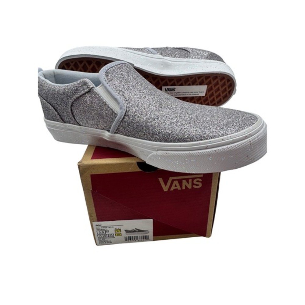 Vans Asher Glitter Slip On Shoes Girls Size 5 Youth Kids Silver Sparkle Platform